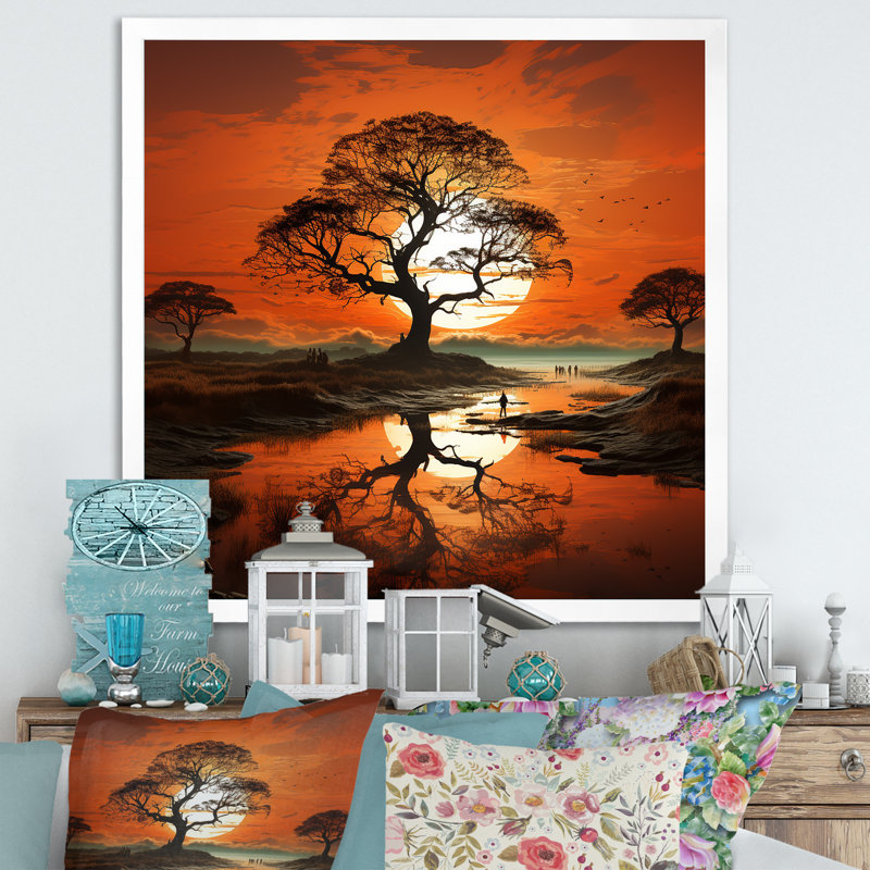 «Sunset Silhouettes Of Baobab Tree», reproduction d'art sur toile, H 16 po x l 16 po x P 1 po, Cadre simple blanc
