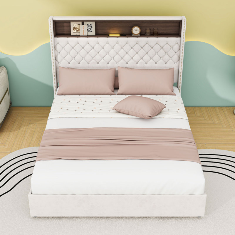 Lit capitonné en velours avec port de charge USB, veilleuse et rangement, Beige, Grand lit