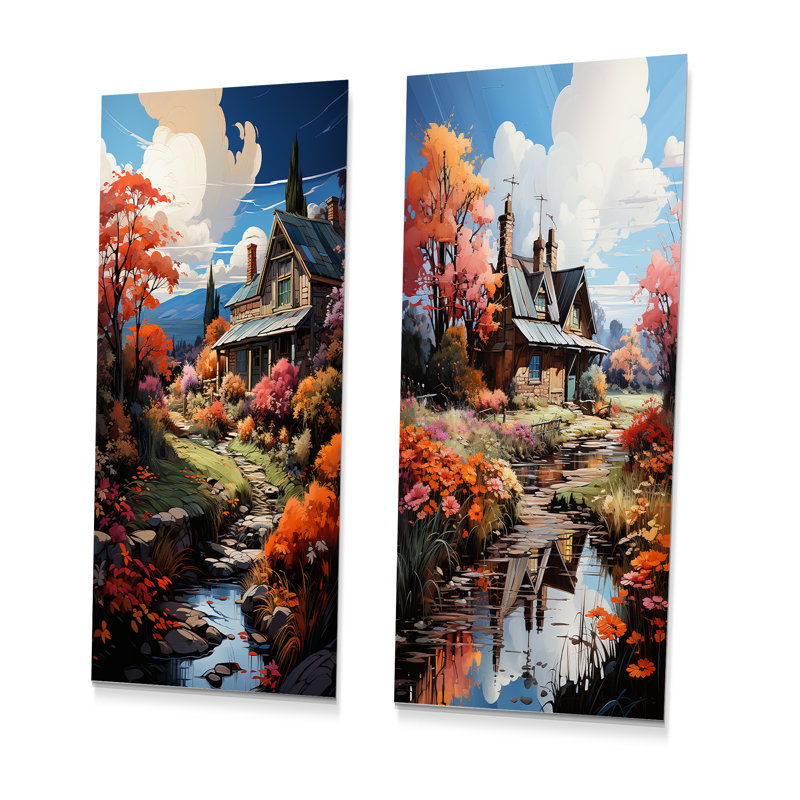 «Fall Retreat Cottage Landscape II», ensemble d'art mural en métal 2 pièces, H 28 po x l 24 po