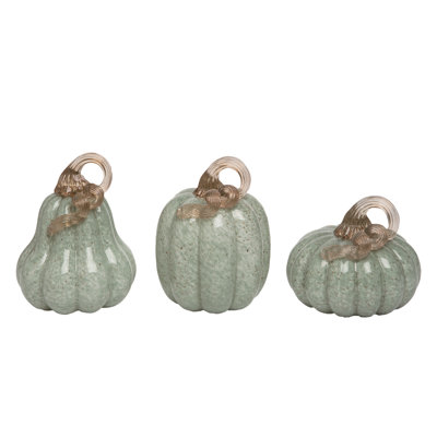 Large Green Pumpkins with Gold Accents - Set of 3 Decorative Glass Pumpkin Figurines for Fall Harvest Tabletop Decor - Perfect for Indoor Use, Gift Giving, and Hostess Gifts - Autumn Home Accents