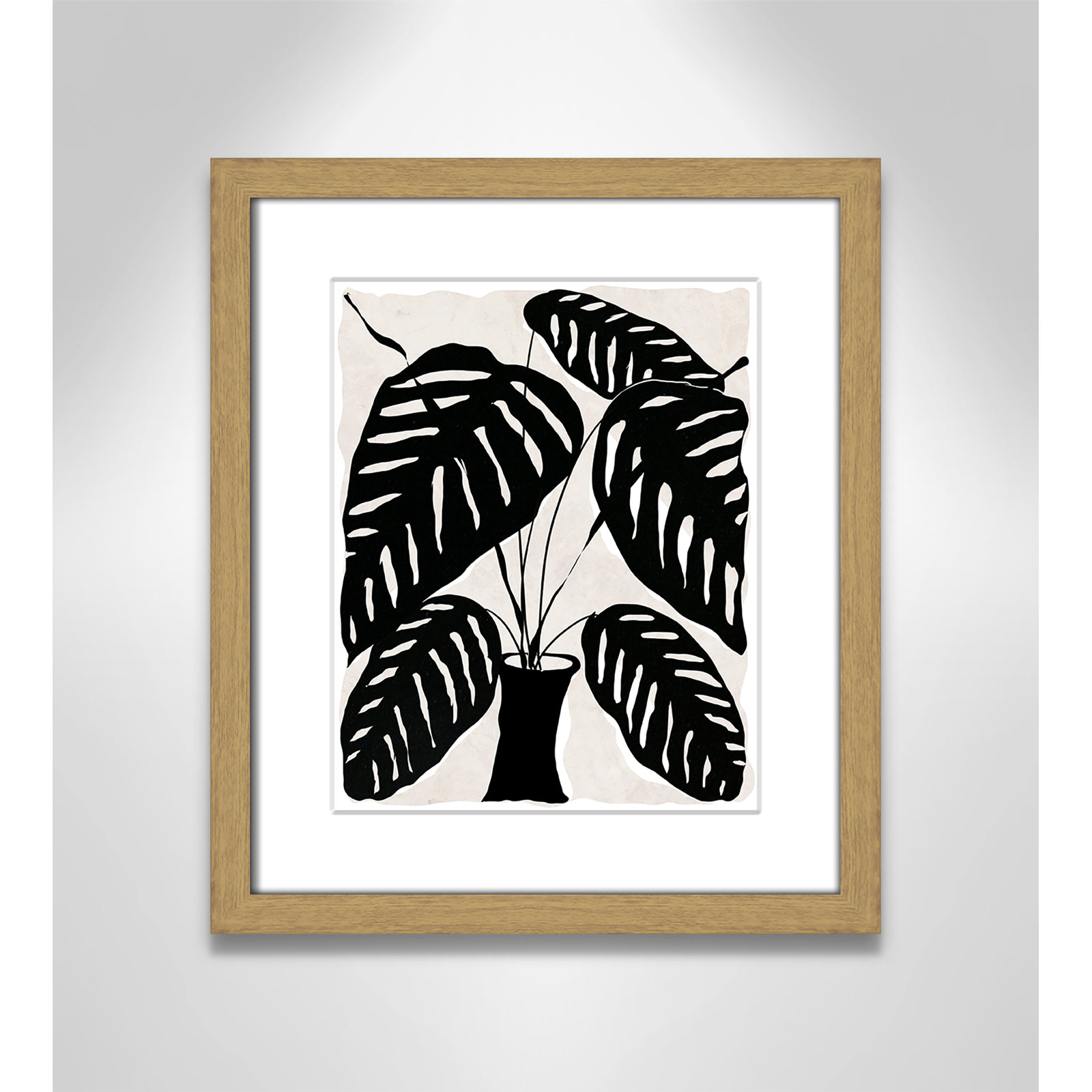 Black and White Potted Plant I Print, Natural Framed, 15" H x 13" W x 0.75" D