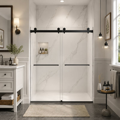 56-60" W x 70" H Frameless Double Sliding Shower Door, 5/16" Tempered Glass, Matte Black