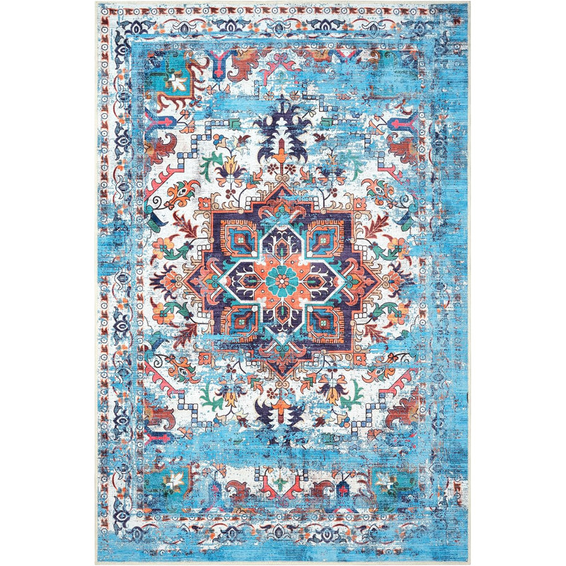 GLN Traditional Collection - Machine Washable Area Rug, Non Slip, Low Pile Chenille Living Room, Bedroom, Kitchen Rug (Blue)