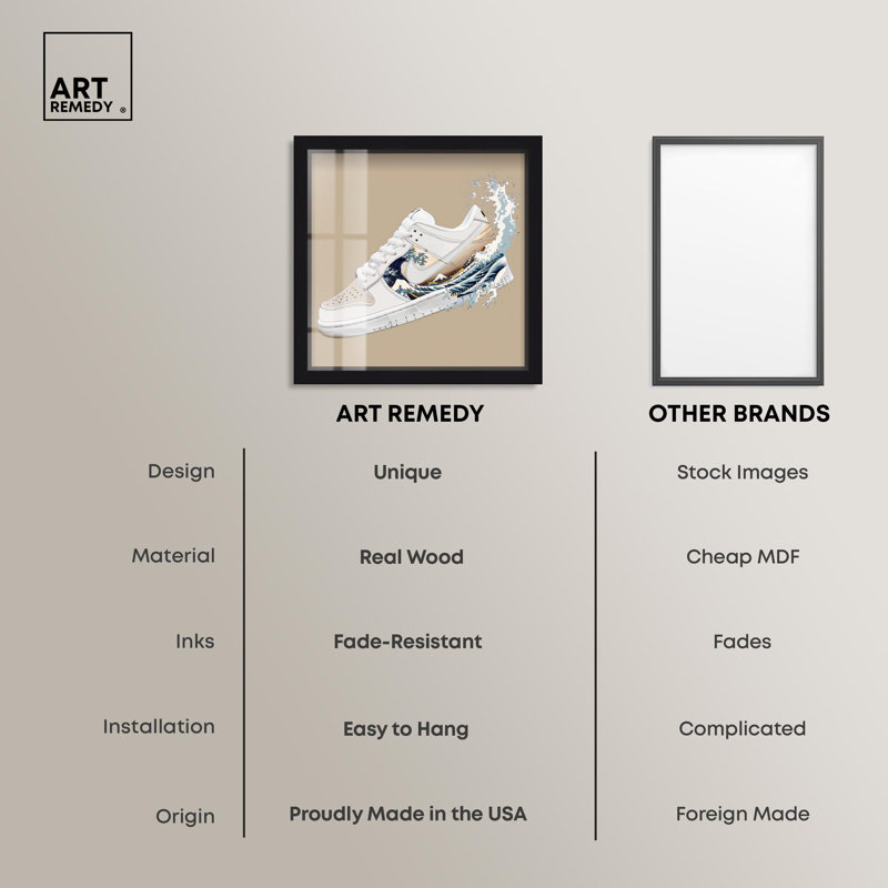 «Great Wave Sneaker Splash Shadowbox Print Sneaker» par Art Remedy, H 13 po x l 13 po, Noir