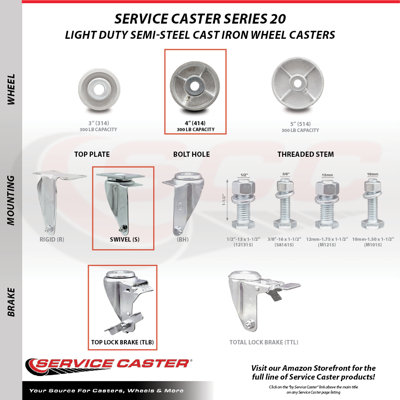 4 Piece Semi Steel Cast Iron Top Plate Caster Set with 2 Brakes and 2 Rigids