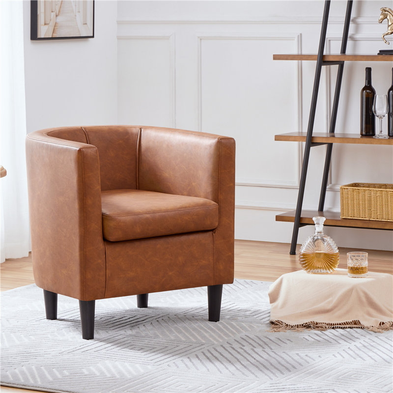Faux Leather Barrel Chair, Upholstered Accent Chair, Brown