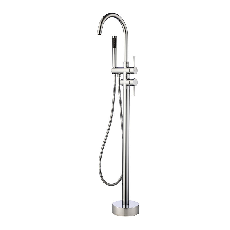 Robinet de baignoire à fixation sur le sol à poignée simple, avec douche à main, bec pivotant à 360 degrés, disque en céramique goutte à goutte, modèle portatif en acier inoxydable, poignée, matériau d'égouttement rotatif à 360 °