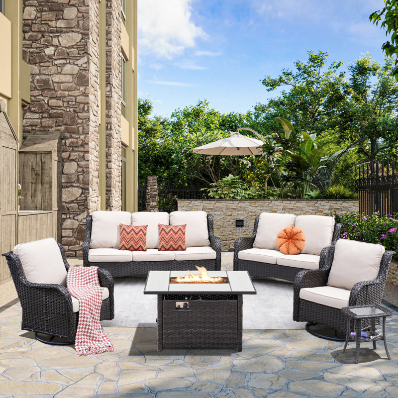Klodjana Wood Premium All-Weather Wicker 7 - Person Patio Conversation Set with Cushions, Beige, Yes