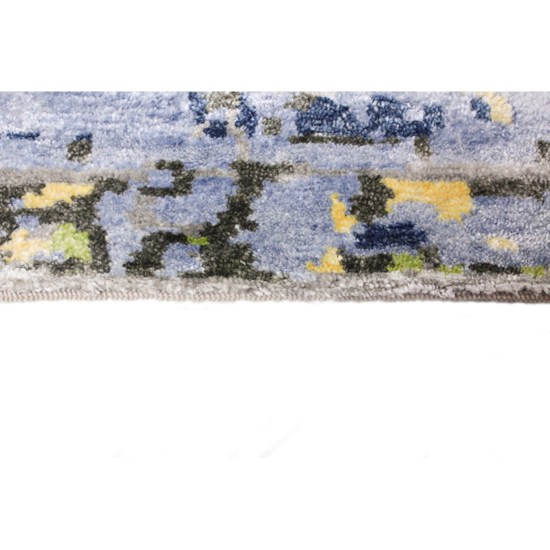 Gray and Blue Hand-knotted Viscose Abstract 9' x 12' Rug