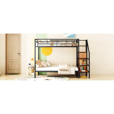 Lit superposé double au-dessus d'un lit double en métal avec rangement latéral et espace pour s'habiller, lit noir pour économiser de l'espace, conception, lit pour dormir en toute sécurité, conception du cintre de l'escalier, matériau de construction, arrangement