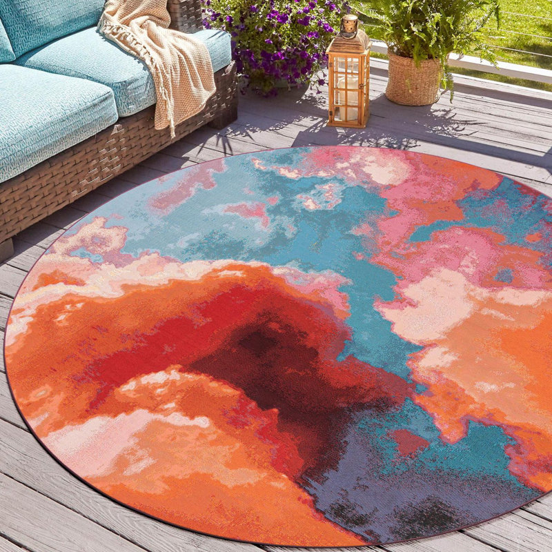 Tapis brun / beige en polypropylène tissé à la machine Keazia, Rond 6 pi 1 po