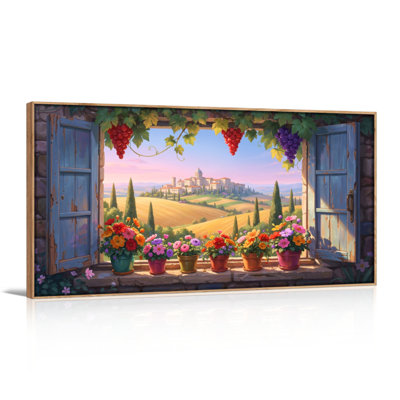Window View Canvas Framed Wall Art Oil Painting Print Set Of 1，48 x 24 inch