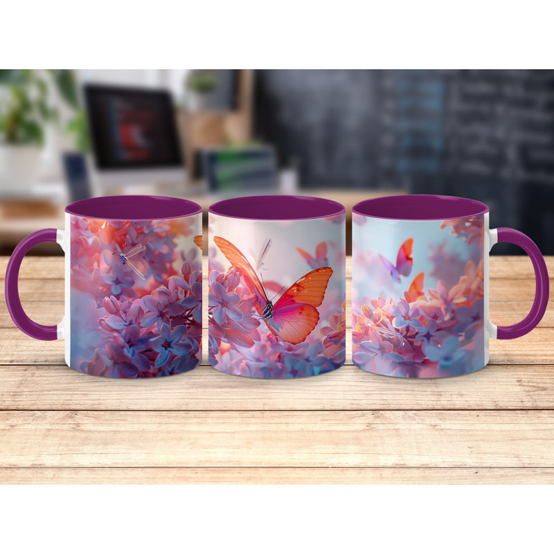 Set of 2 Butterfly Design 11oz Accent Mugs – White Ceramic Coffee Cup with a Purple Handle and Interior