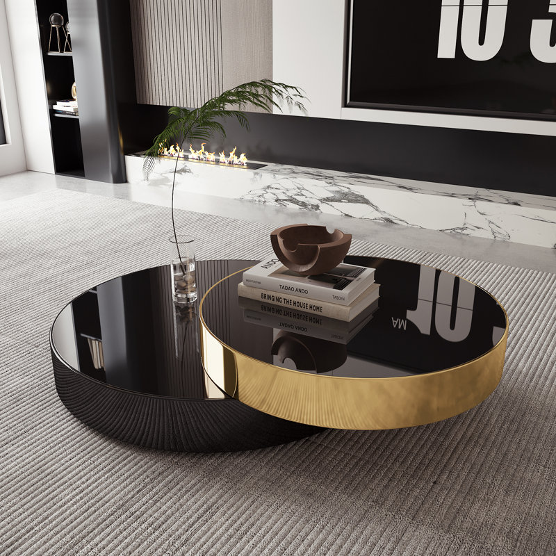 Modern Oversize 39.37 '' Round Coffee Table Set, Expandable Nesting Table Gold&Black Finish with Glass Top