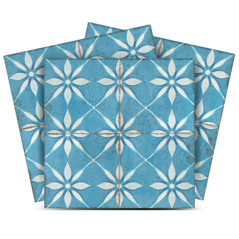Carrelage mosaïque floral en vinyle 4 po x 4 po (ensemble de 24), Bleu / blanc
