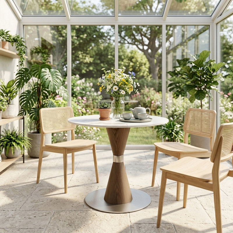 Table de bistro ronde de 79 cm (31 po) pour 2 à 4 personnes, avec piètement en métal texturé pierre frittée et bois, idéale pour un coin repas ou une cuisine.