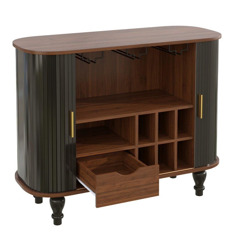 39" Fluted Sideboard Bar Cabinet With 6 Wine Racks(2 PCS), Black/Walnut, 29.65" H x 78.74" W x 15.75" D