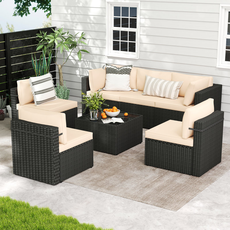Ensemble de conversation modulaire en rotin 7 pièces avec coussins Arwynn, Beige, Noir