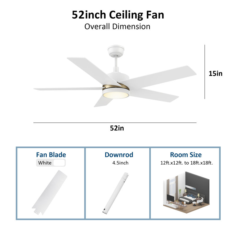 Ventilateur de plafond intelligent à 5 pales DEL avec télécommande et ensemble d'éclairage inclus, Blanc