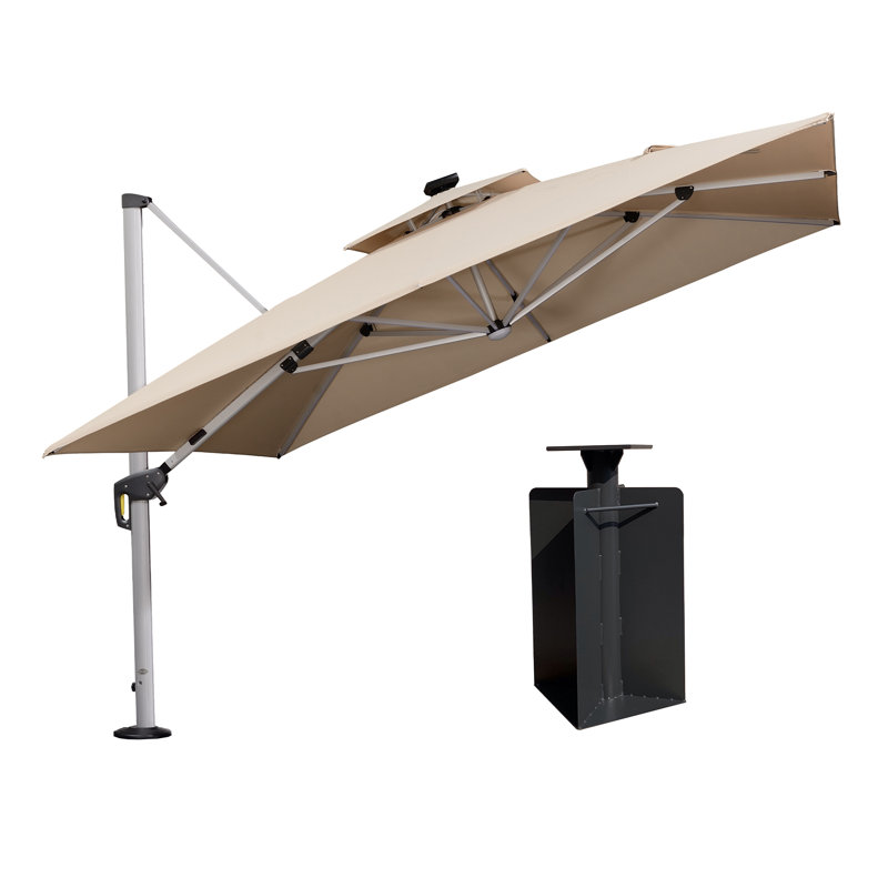 Parasol carré SelvIn 132 avec lumières solaires et base au sol, beige, Beige