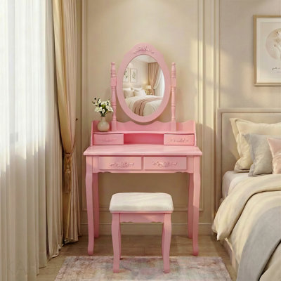 Ensemble de coiffeuse avec miroir et tabouret rembourré Pink Princess