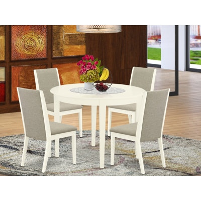 3-Piece Linen White Finish Round Solid Wood Top Dining Table Set