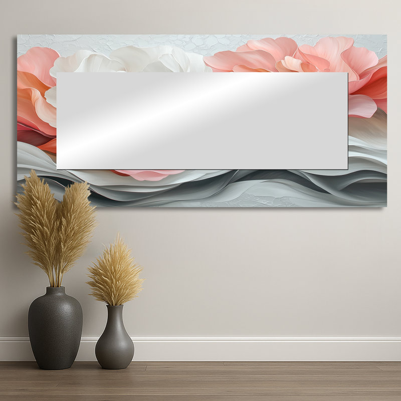 Blanc et corail pivoines élégantes I - Art mural miroir floral - imprimé sur métal, 28 po x 60 po