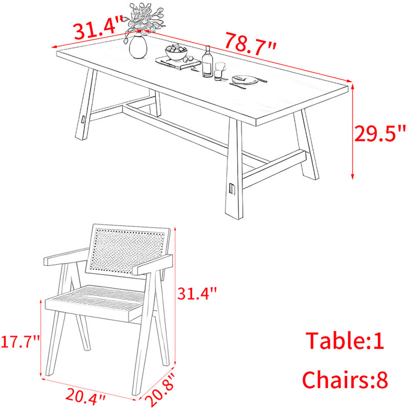 Ensemble de table de salle à manger en bois massif de style nordique, H 29,5 po x L 78,7 po x l 31,4 po
