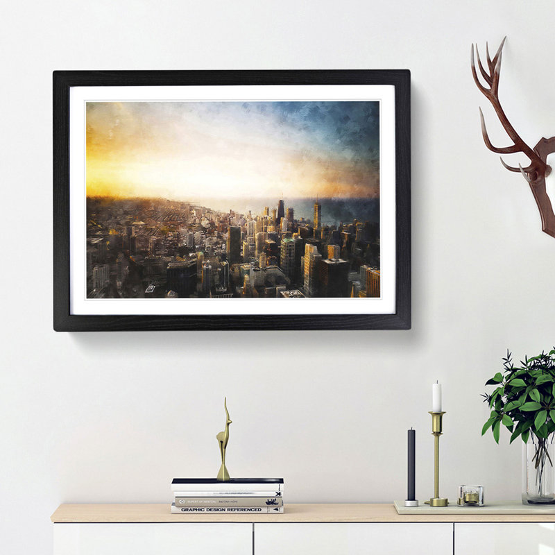 High over the Chicago Skyline - Picture Frame Painting Print, 45cm H x 63cm W x 2cm D, Black Framed