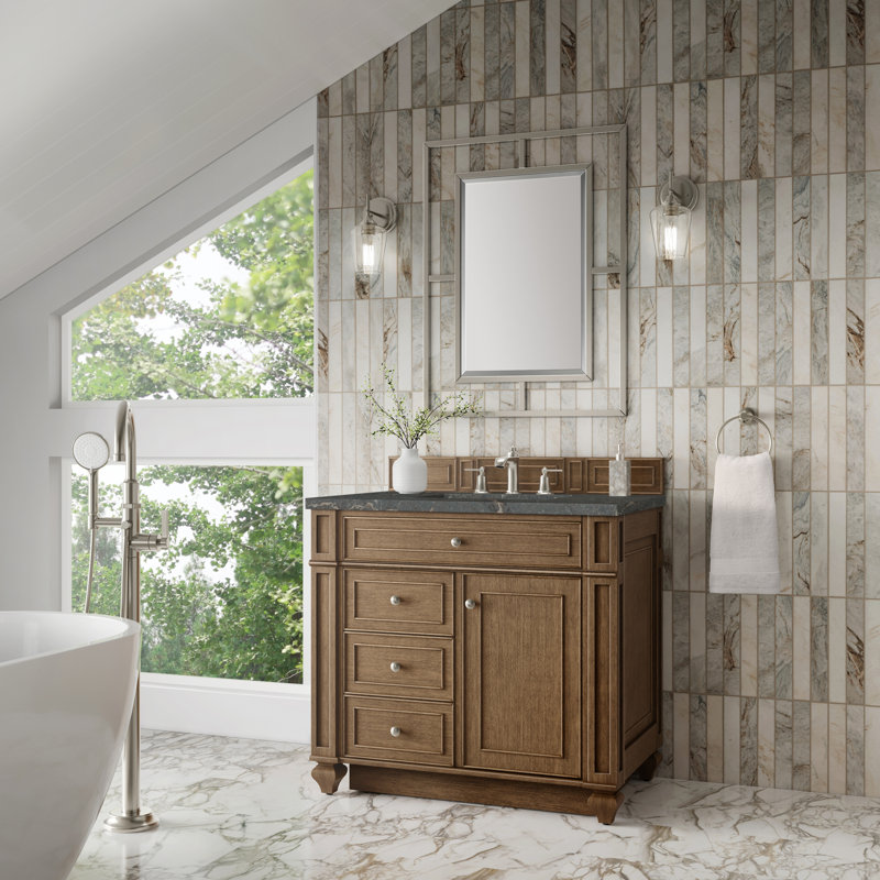 Meuble-lavabo simple 36 po Calisto, Brun selle, Quartz bleu Parisien, 8 po