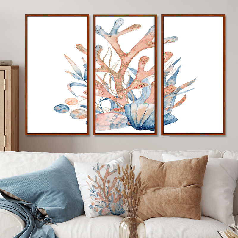 Bouquet de fleurs sous-marines avec coraux et coquillages - Impression sur toile flottante 3 pièces, Brun