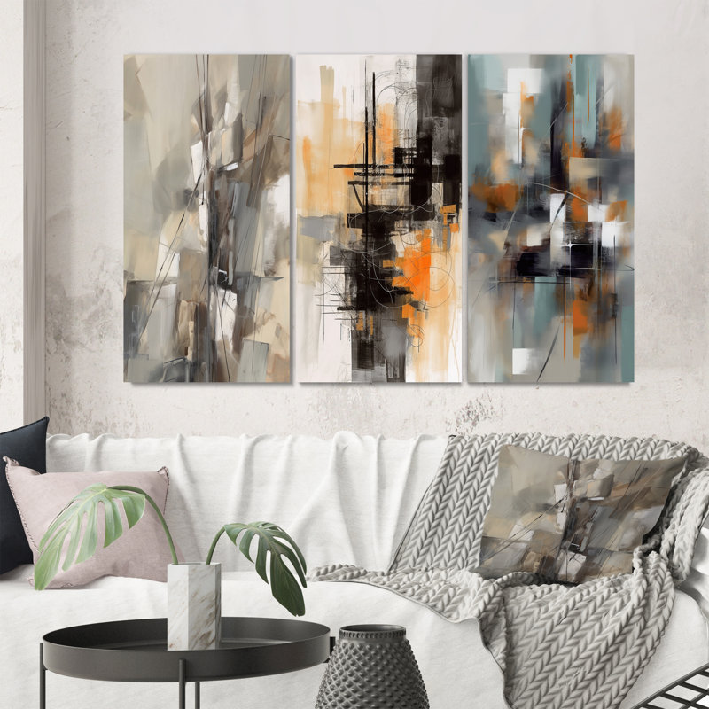 «Abstract Design Shapes», 3 pièces sur toile, Toile tendue, H 32 po x l 48 po