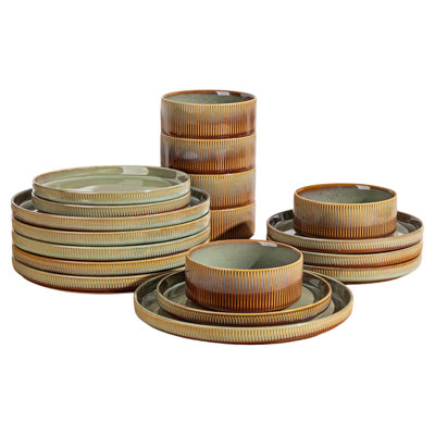 Didadi 18 Pieces Porcelain Lightweight Plates And Bowls Sets, Ceramic Dinnerware Sets For 6, Scratch Resistant Dish Set, Oven & Microwave & Dishwasher Safe, Sage Umber
