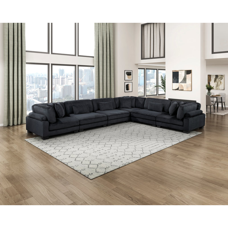 Canapé modulaire 6 pièces Constantino, H 34,5 po x l 180 po x P 135 po, Velours côtelé noir