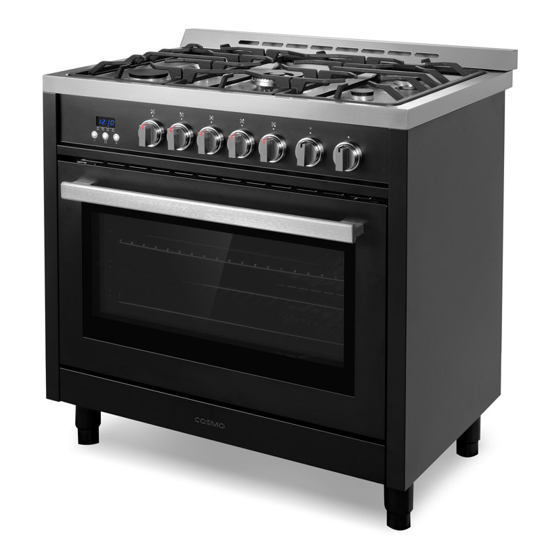 Cosmo 36 In. Nebula Collection 3.8 Cu. Ft. Gas Range, 5 Burners, Rapid Convection Oven, Cast Iron Grates In Matte Black