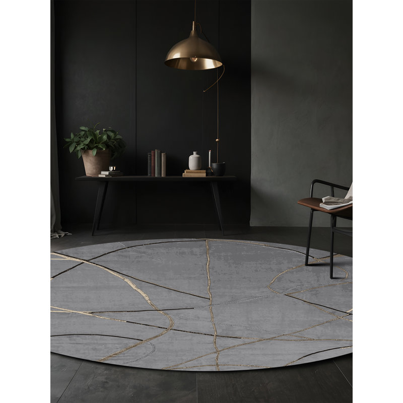 Machine Washable Gray Area Rug, Round 4'