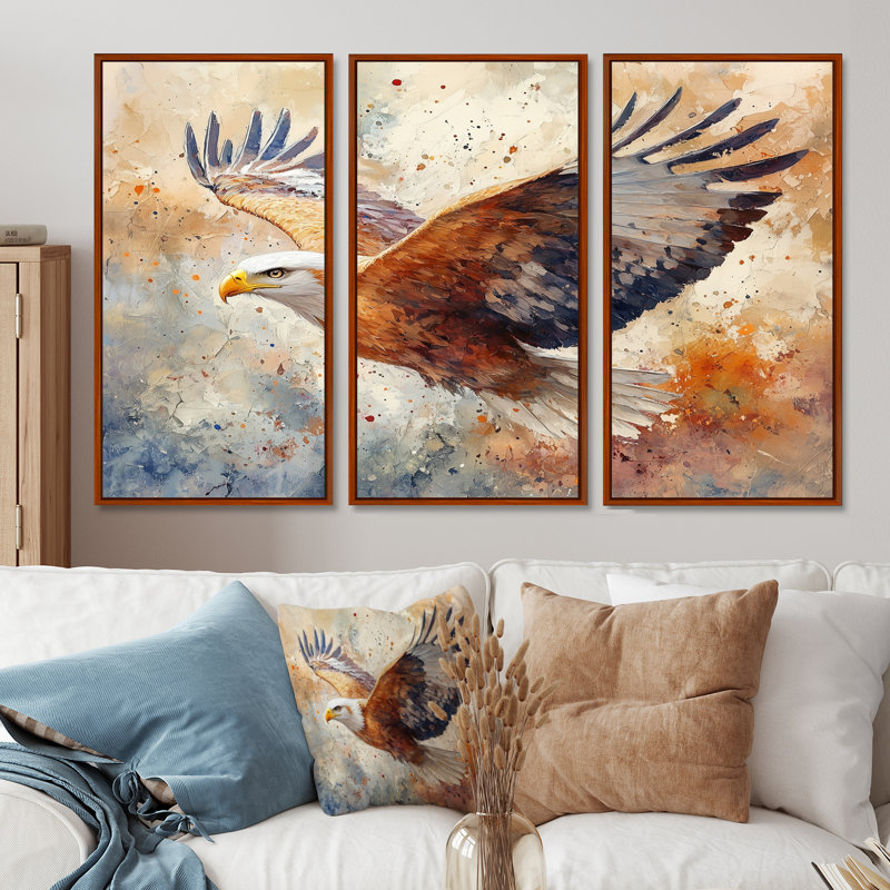 Brun, jaune, audacieux, aigle, vol d'oiseau, H 28 po x l 36 po x P 1 po, Toile avec cadre flottant brun