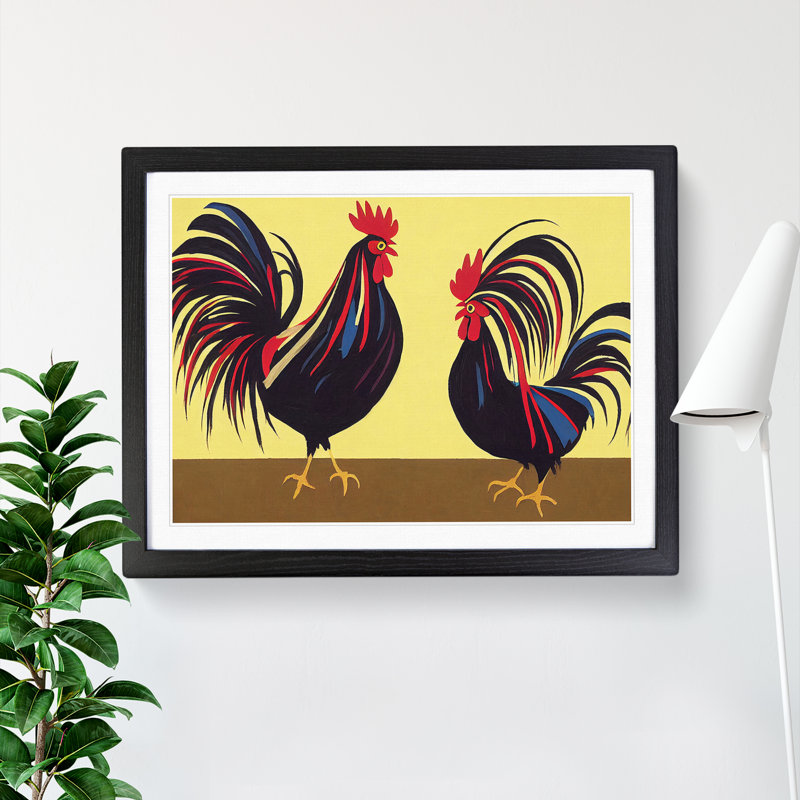 Two Roosters Abstract - Single Picture Frame Print, 46cm H x 64cm W x 2cm D, Black Framed