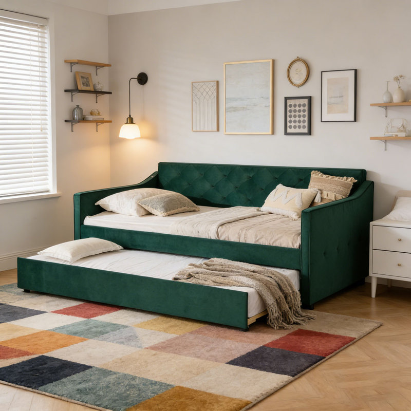 Twin Size Upholstery DayBed with Twin Size Pop-up Trundle and USB Charging, Green  Velvet