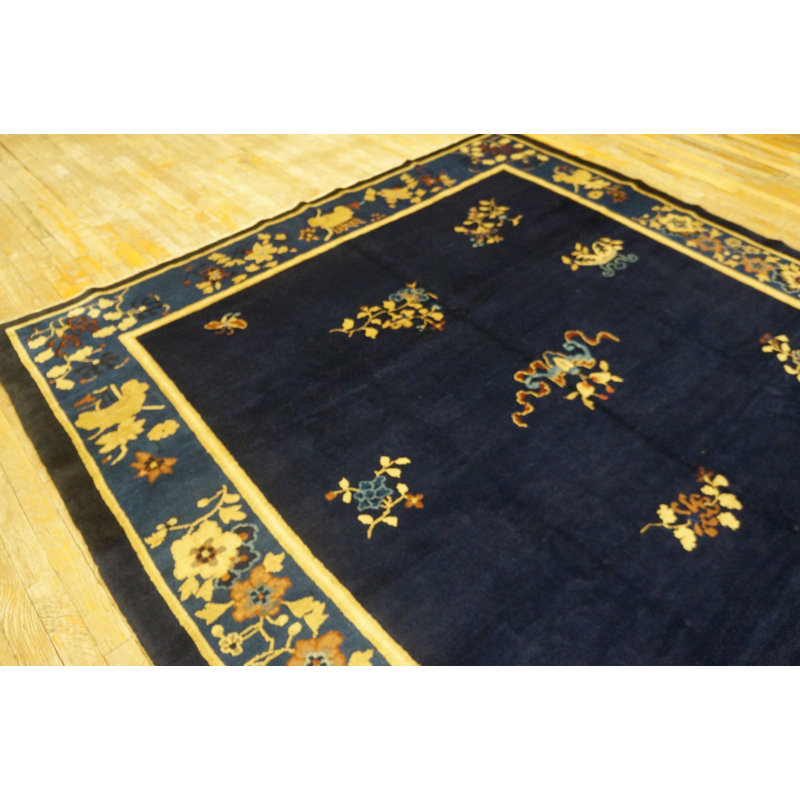 Antique Navy Blue Allover Floral Chinese Square Room Size Peking Rug