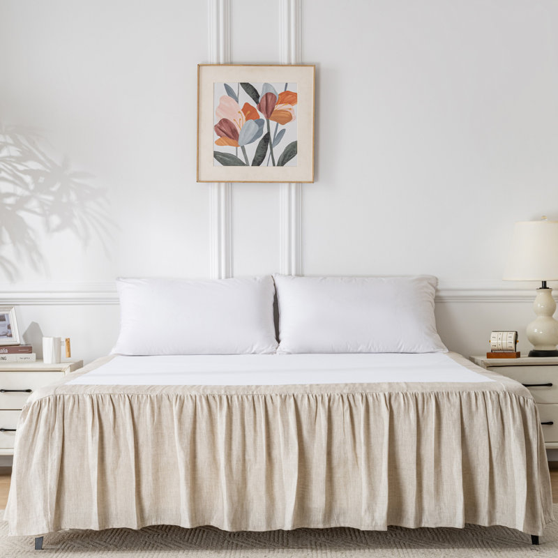 Split Corner Linen Cotton Blend Herringbone Textured Bed Skirt ,16" Free Ruffle Pleat, Twin