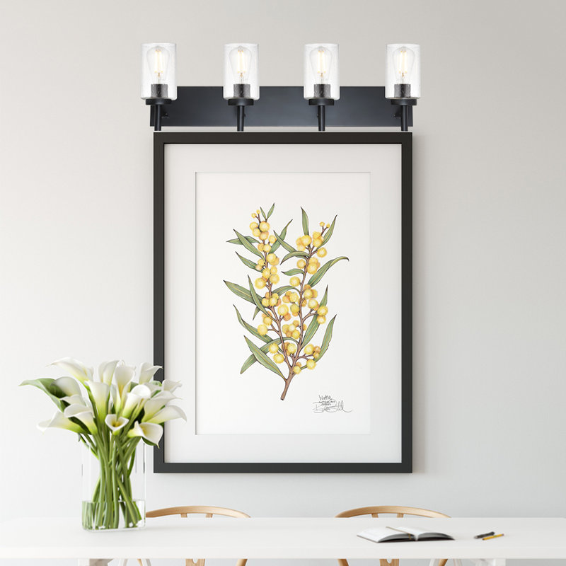 4-Light Dimmable Black Vanity Light With Seeded Glass Shade.