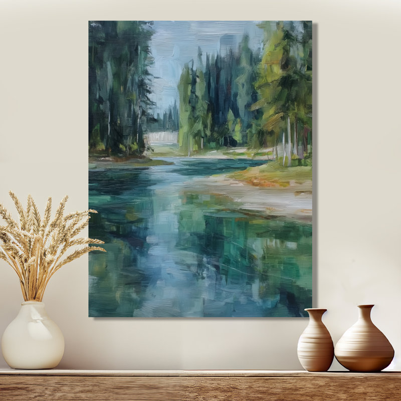 «Pine Trees Fraser River Calming Current», reproduction d'art sur toile, paysage vert, H 20 po x l 12 po, Toile tendue