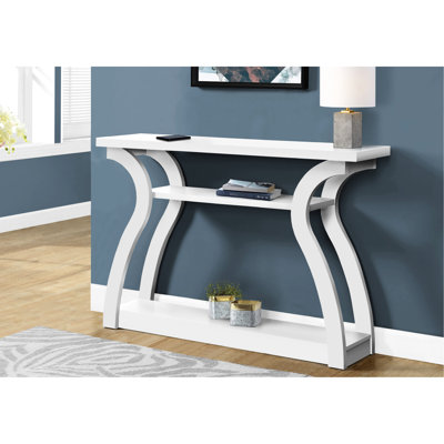 Console étroite en stratifié blanc - table d'appoint contemporaine pour le salon, la chambre à coucher, le vestibule avec une conception incurvée et une tablette spacieuse