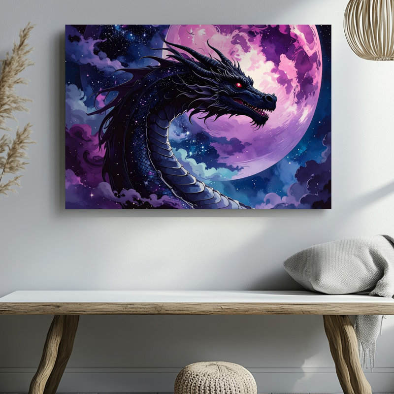 Toile céleste, dragon noir, toile de fond sous la lune rose, H 9 po x l 12 po