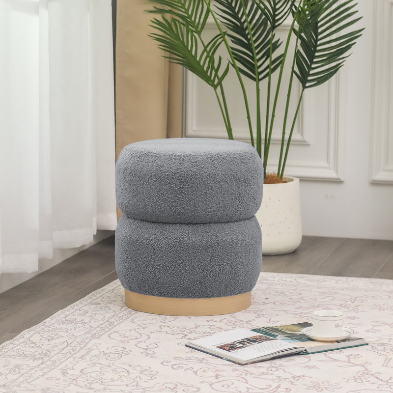 Round Upholstered Ottoman Stool, Gray Teddy