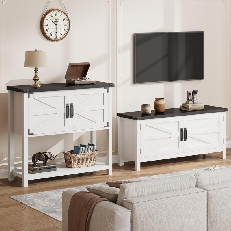 31.5'' Wood Console Table With Storage, Farmhouse Entryway Table With 2-Door, Black/White