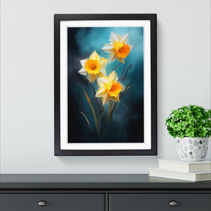 XYZ-FRM-V1223-481 Daffodil Flower Romanticism - Single Picture Frame Print on Wood, Black, 46cm H x 34cm W x 2cm D