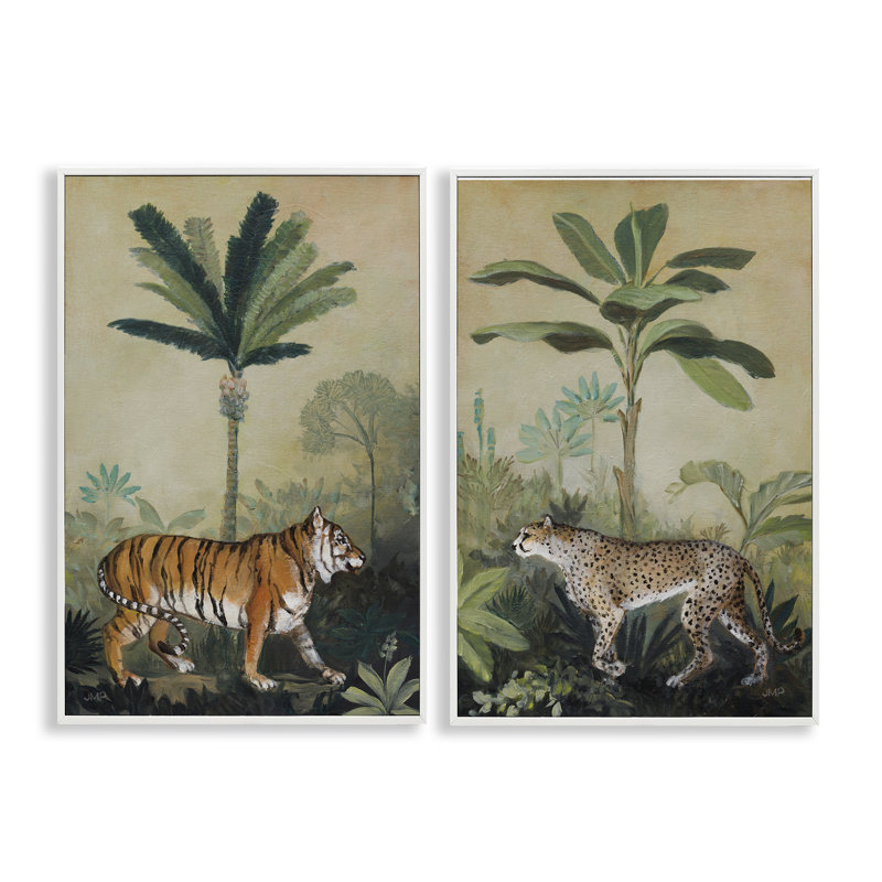 «Tiger Cheetah Jungle Forest», ensemble de 2 giclées par Julia Purinton, Estampe numérique encadrée blanc bord de mer