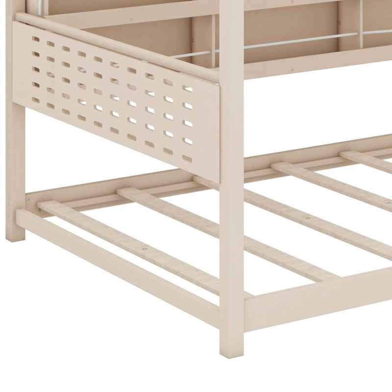 Lit superposé double au-dessus de double avec supports intégrés, lumières réglables et panneau perforé, Beige